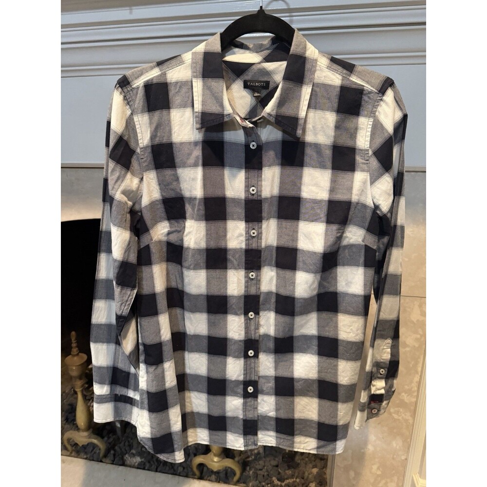 Talbots Size M Black And White Plaid 100% Cotton Button Front Collared Shirt